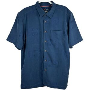 Cova Navy Blue Tuna Fish Patterned Wooden Button Down Hawaiian Style Shirt L